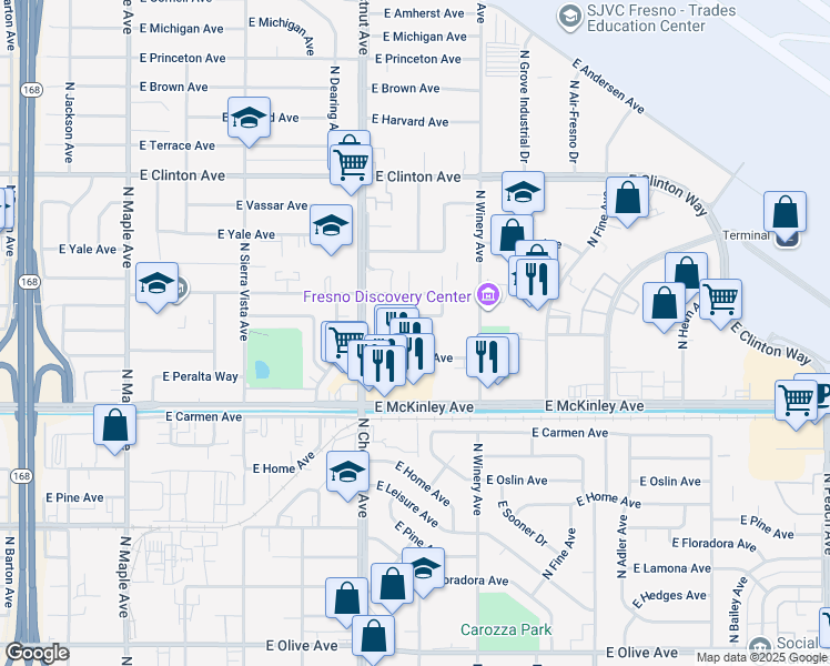 map of restaurants, bars, coffee shops, grocery stores, and more near 4841 East Normal Avenue in Fresno