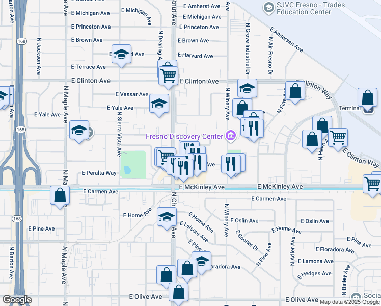 map of restaurants, bars, coffee shops, grocery stores, and more near 4841 East Normal Avenue in Fresno