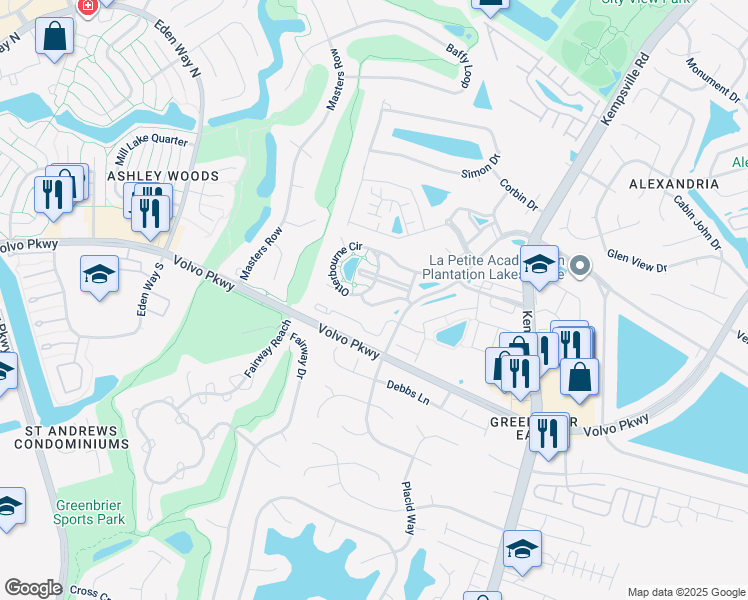 map of restaurants, bars, coffee shops, grocery stores, and more near 1512 Aldershot Lane in Chesapeake