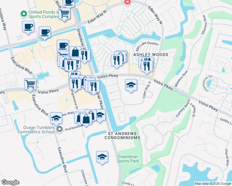 map of restaurants, bars, coffee shops, grocery stores, and more near 942 Brigantine Court in Chesapeake