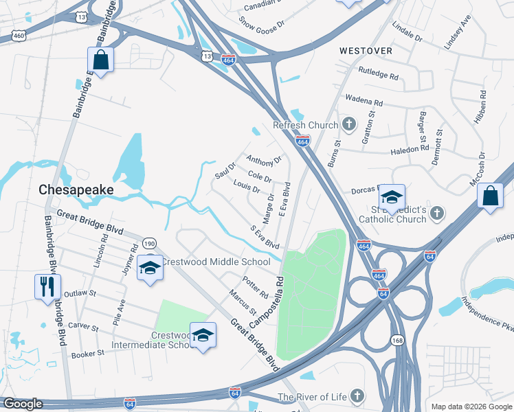 map of restaurants, bars, coffee shops, grocery stores, and more near 1433 Kate Drive in Chesapeake