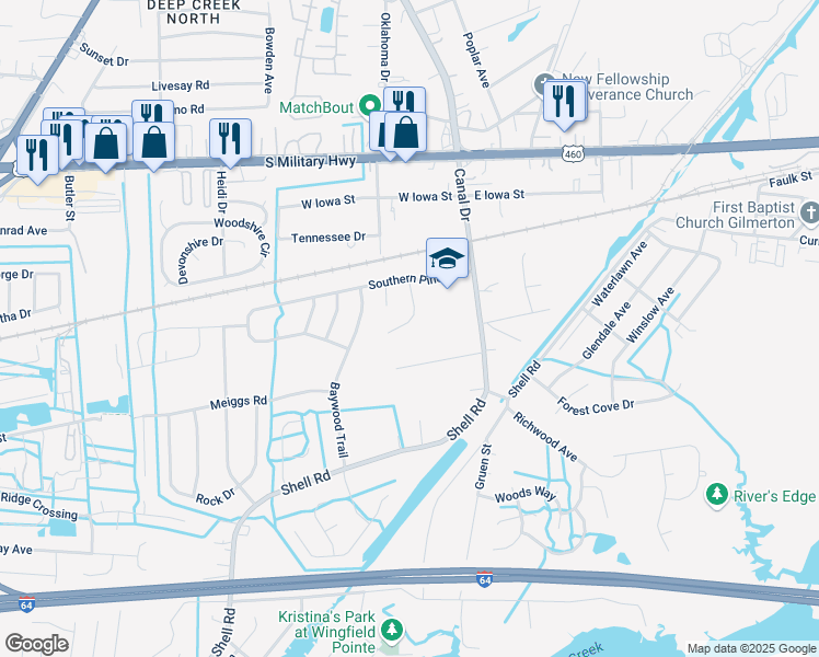 map of restaurants, bars, coffee shops, grocery stores, and more near 727 Oak Manor Drive in Chesapeake