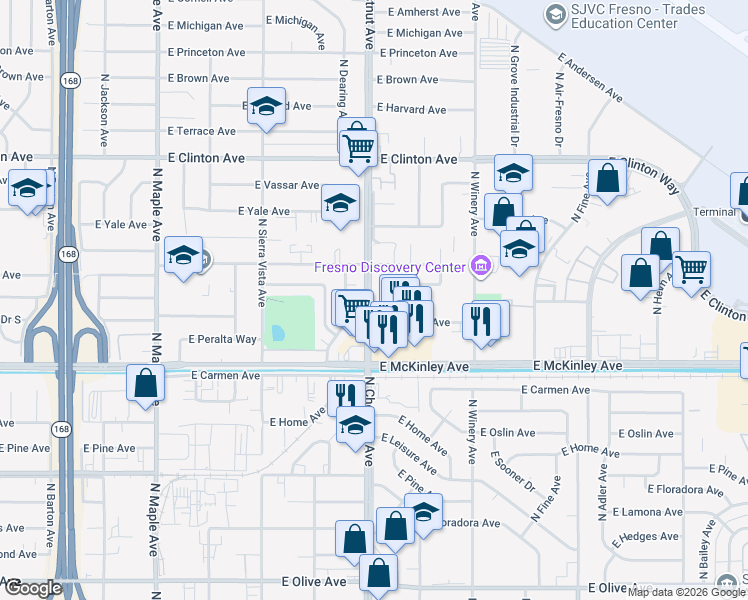 map of restaurants, bars, coffee shops, grocery stores, and more near 4807 East Normal Avenue in Fresno