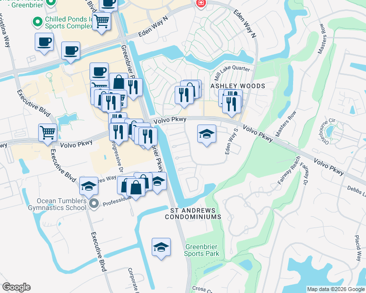 map of restaurants, bars, coffee shops, grocery stores, and more near 942 Brigantine Court in Chesapeake