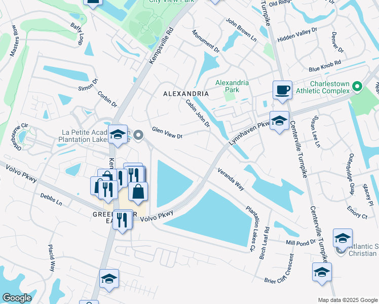 map of restaurants, bars, coffee shops, grocery stores, and more near 1110 Veranda Way in Chesapeake