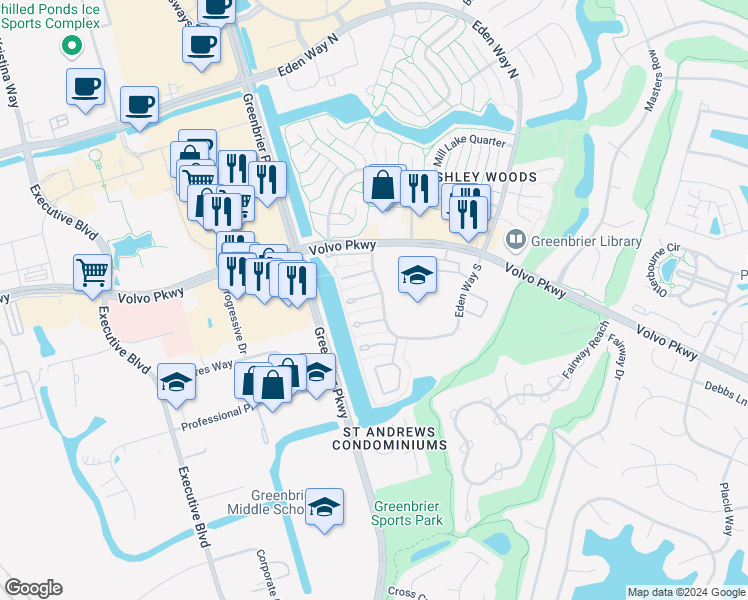 map of restaurants, bars, coffee shops, grocery stores, and more near 937 Brigantine Court in Chesapeake