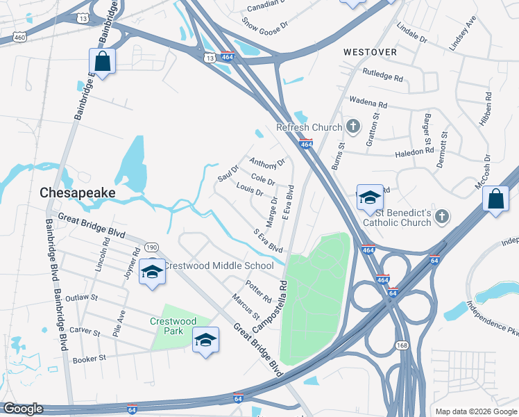 map of restaurants, bars, coffee shops, grocery stores, and more near 1433 Kate Drive in Chesapeake