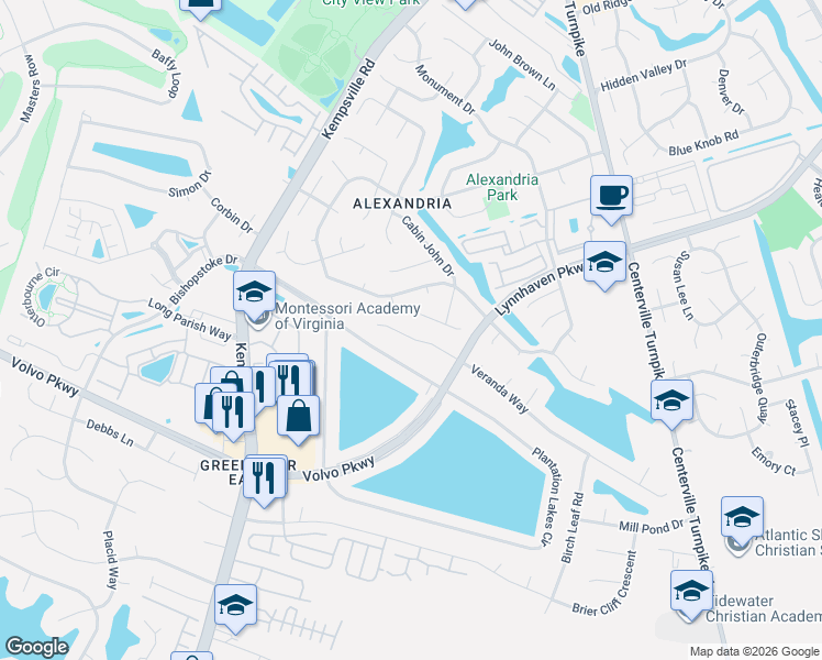 map of restaurants, bars, coffee shops, grocery stores, and more near 5944 Senators Court in Virginia Beach
