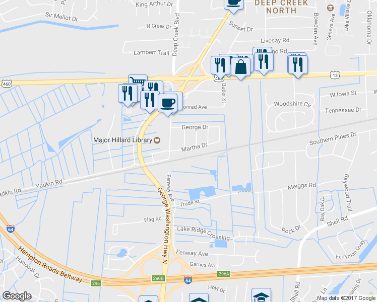 map of restaurants, bars, coffee shops, grocery stores, and more near 2741 Martha Drive in Chesapeake