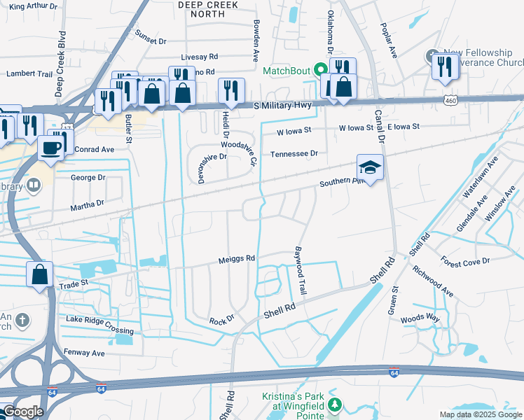 map of restaurants, bars, coffee shops, grocery stores, and more near 2324 Southern Pines Drive in Chesapeake