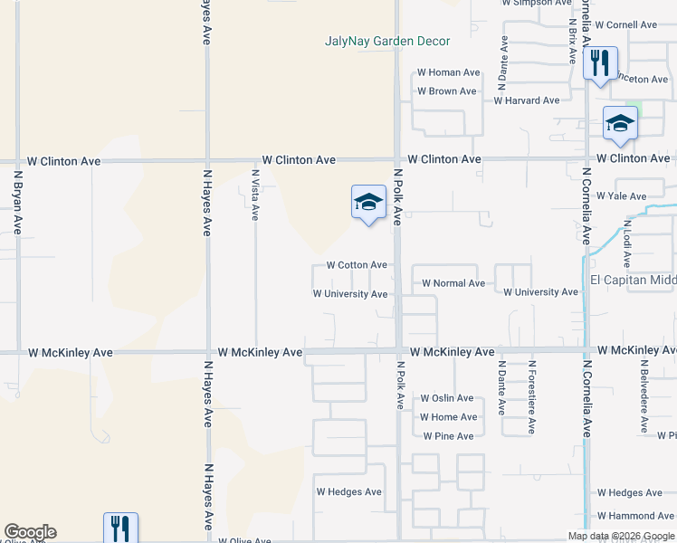 map of restaurants, bars, coffee shops, grocery stores, and more near 5596 West Cotton Avenue in Fresno