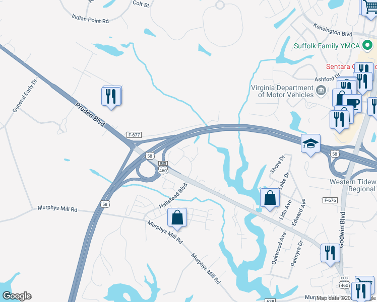 map of restaurants, bars, coffee shops, grocery stores, and more near 2604 Wood Creek Court in Suffolk
