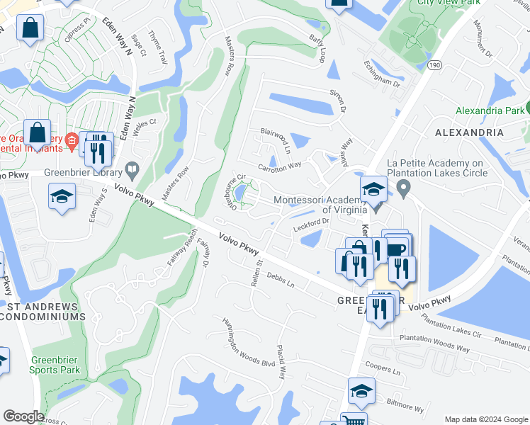map of restaurants, bars, coffee shops, grocery stores, and more near 1520 Aldershot Lane in Chesapeake