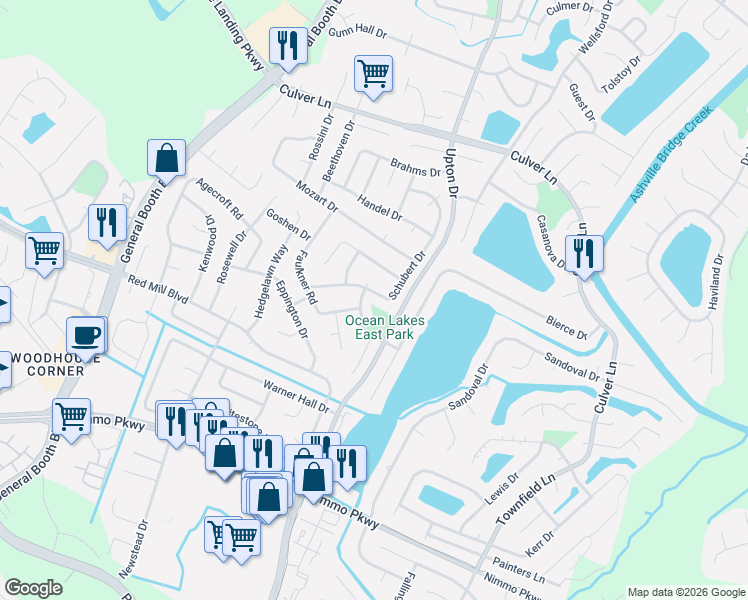 map of restaurants, bars, coffee shops, grocery stores, and more near 2109 Schubert Drive in Virginia Beach