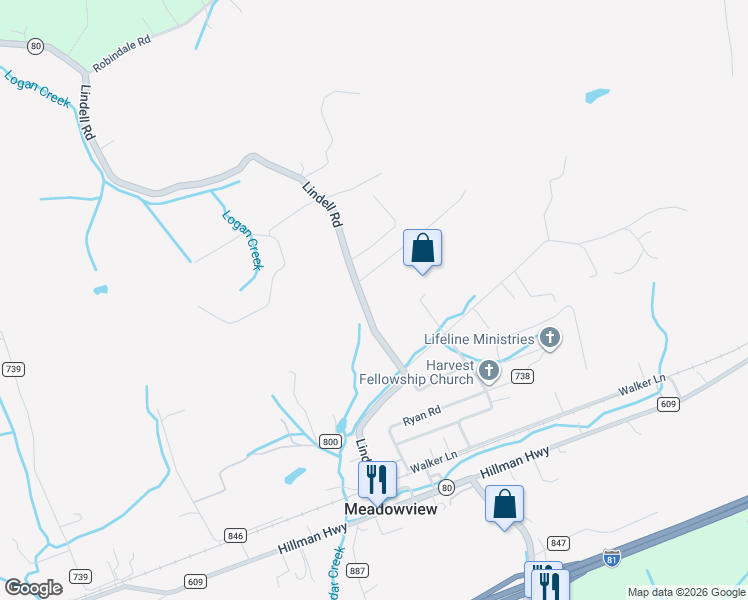 map of restaurants, bars, coffee shops, grocery stores, and more near 12821 Lindell Rd in Emory-Meadow View