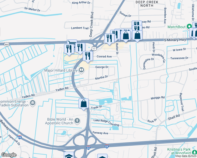 map of restaurants, bars, coffee shops, grocery stores, and more near 2741 Martha Drive in Chesapeake
