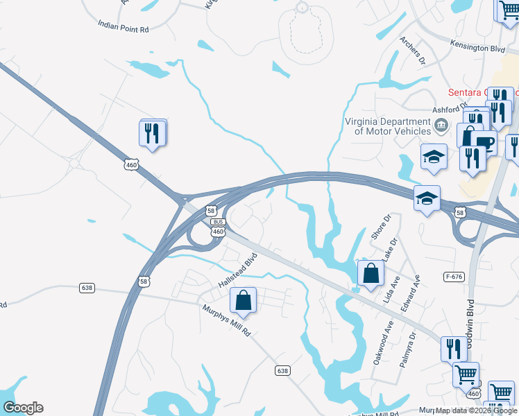 map of restaurants, bars, coffee shops, grocery stores, and more near 2500 Sandy Spring Lane in Suffolk