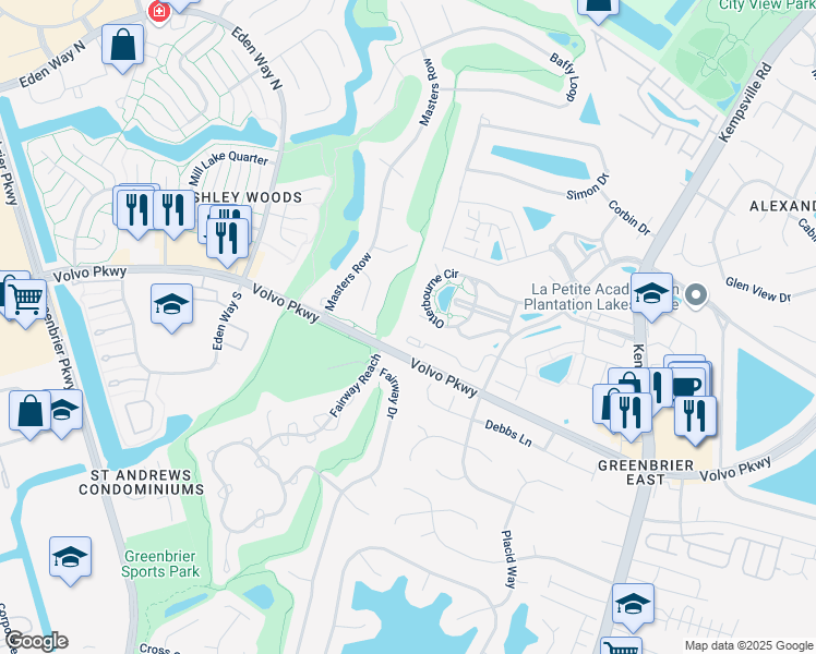 map of restaurants, bars, coffee shops, grocery stores, and more near 1404 Rollesby Way in Chesapeake