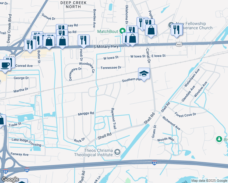 map of restaurants, bars, coffee shops, grocery stores, and more near 709 Pinehurst Drive in Chesapeake