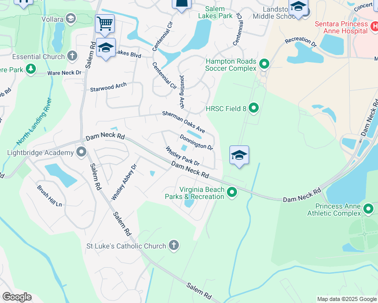 map of restaurants, bars, coffee shops, grocery stores, and more near 2109 Donnington Court in Virginia Beach