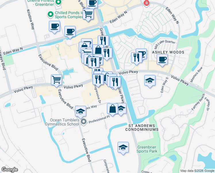 map of restaurants, bars, coffee shops, grocery stores, and more near 801 Volvo Parkway in Chesapeake