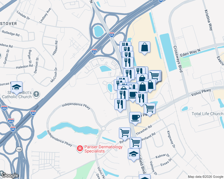 map of restaurants, bars, coffee shops, grocery stores, and more near 200 Red Cedar Court in Chesapeake