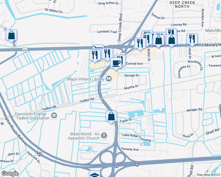 map of restaurants, bars, coffee shops, grocery stores, and more near 2824 Gavin Road in Chesapeake