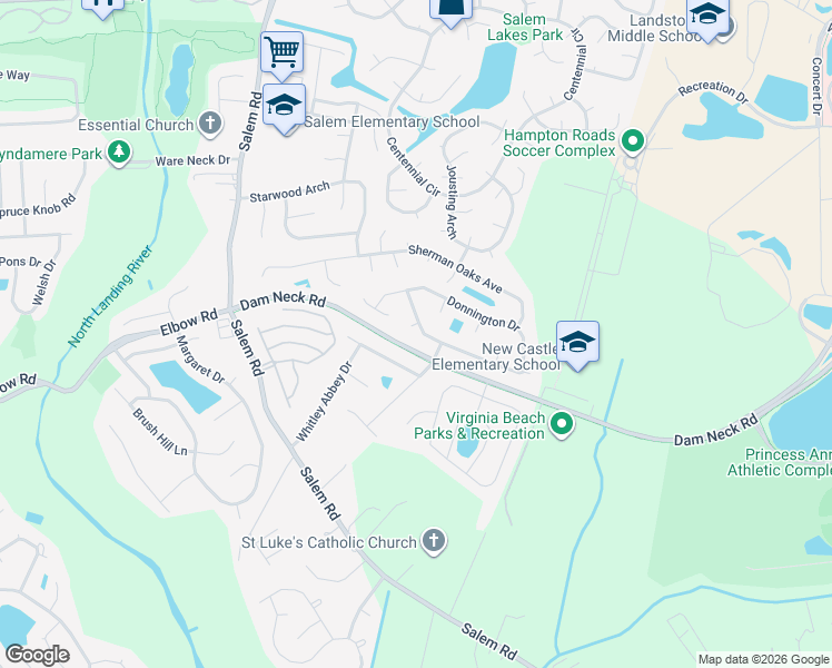 map of restaurants, bars, coffee shops, grocery stores, and more near 3884 Whitley Park Drive in Virginia Beach