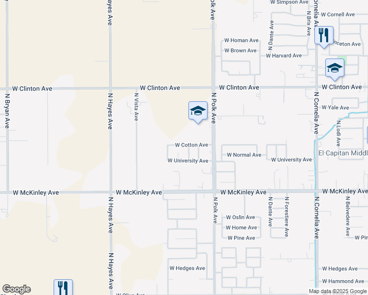 map of restaurants, bars, coffee shops, grocery stores, and more near 5593 West Cotton Avenue in Fresno