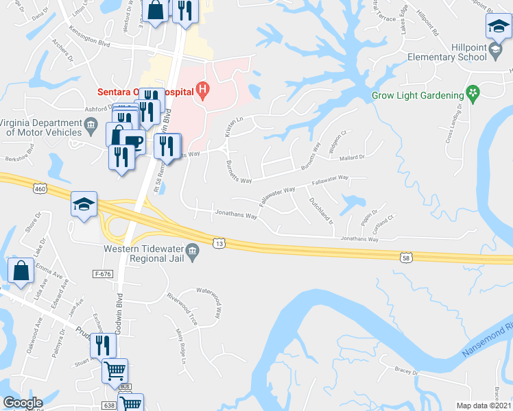 map of restaurants, bars, coffee shops, grocery stores, and more near 101 Chenango Court in Suffolk
