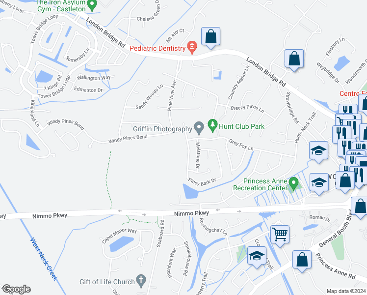 map of restaurants, bars, coffee shops, grocery stores, and more near 2592 Piney Bark Drive in Virginia Beach