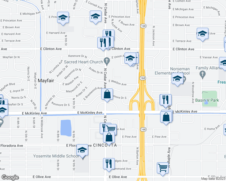 map of restaurants, bars, coffee shops, grocery stores, and more near 4306 East Brentwood Avenue in Fresno