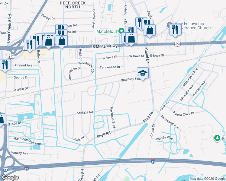 map of restaurants, bars, coffee shops, grocery stores, and more near 709 Pinehurst Drive in Chesapeake