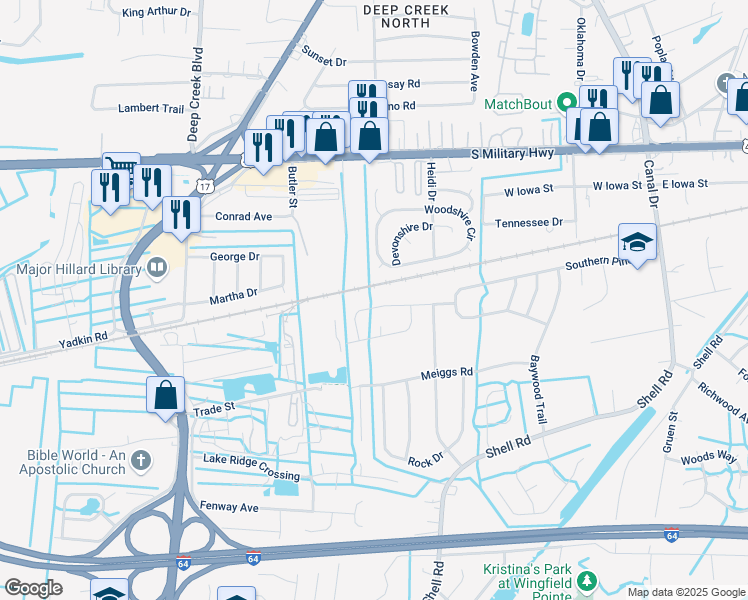 map of restaurants, bars, coffee shops, grocery stores, and more near 2544 Roundtree Circle in Chesapeake