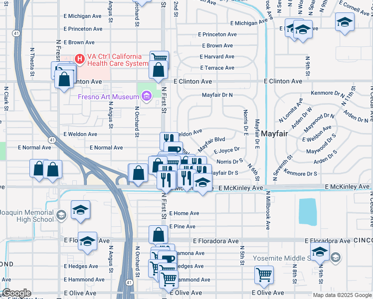 map of restaurants, bars, coffee shops, grocery stores, and more near 3233 East Normal Avenue in Fresno