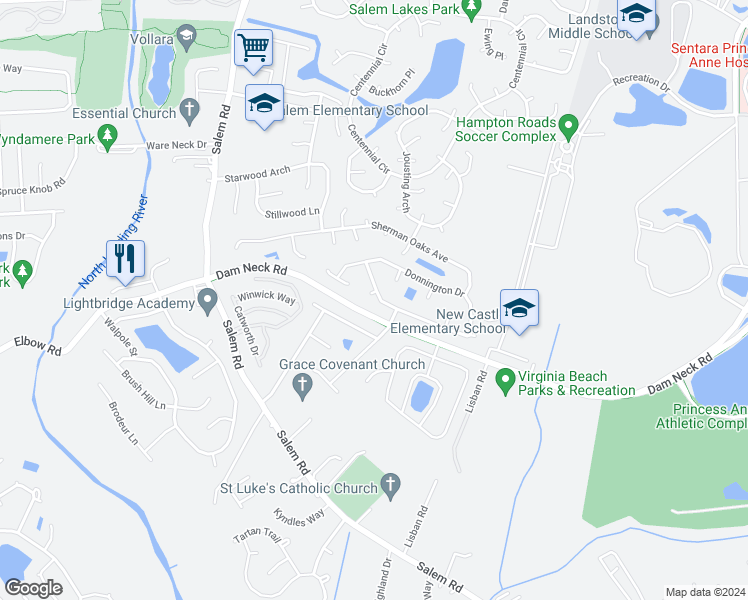 map of restaurants, bars, coffee shops, grocery stores, and more near 3801 Tutbury Court in Virginia Beach