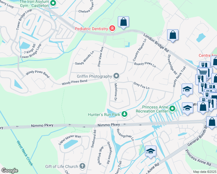 map of restaurants, bars, coffee shops, grocery stores, and more near 2592 Piney Bark Drive in Virginia Beach