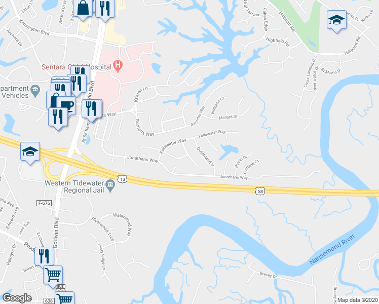 map of restaurants, bars, coffee shops, grocery stores, and more near 307 Festival Court in Suffolk