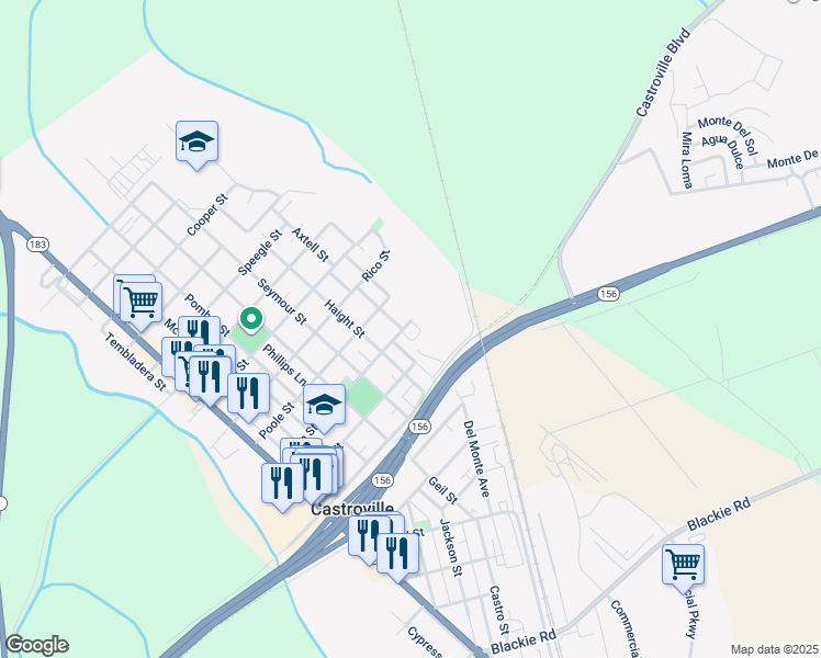 map of restaurants, bars, coffee shops, grocery stores, and more near 11620 Union Street in Castroville