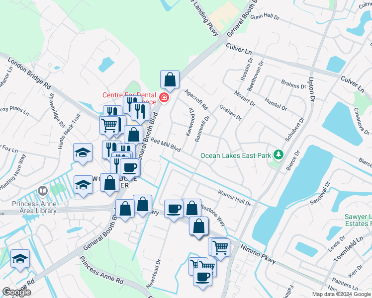 map of restaurants, bars, coffee shops, grocery stores, and more near 1164 Red Mill Boulevard in Virginia Beach