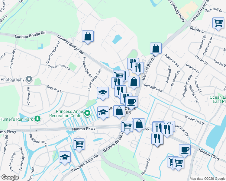 map of restaurants, bars, coffee shops, grocery stores, and more near 2033 Ealing Crescent in Virginia Beach