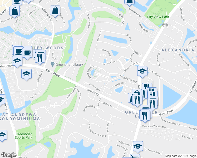 map of restaurants, bars, coffee shops, grocery stores, and more near 1515 Penton Mews in Chesapeake