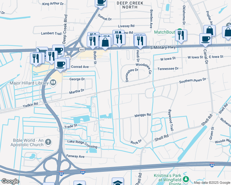 map of restaurants, bars, coffee shops, grocery stores, and more near 2544 Roundtree Circle in Chesapeake