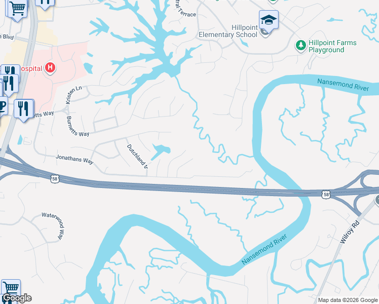 map of restaurants, bars, coffee shops, grocery stores, and more near 114 Pippin Drive in Suffolk