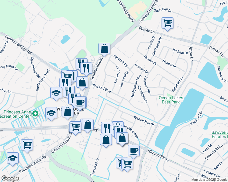 map of restaurants, bars, coffee shops, grocery stores, and more near 1164 Red Mill Boulevard in Virginia Beach