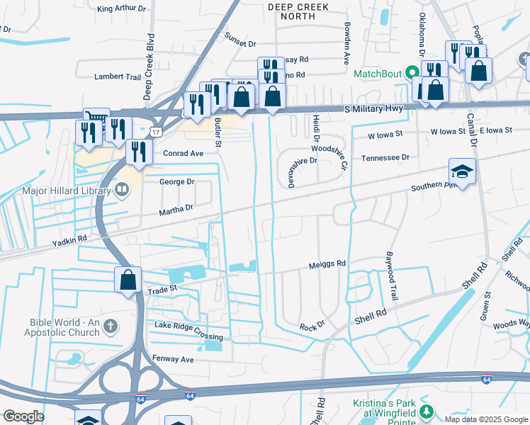 map of restaurants, bars, coffee shops, grocery stores, and more near 2544 Roundtree Circle in Chesapeake