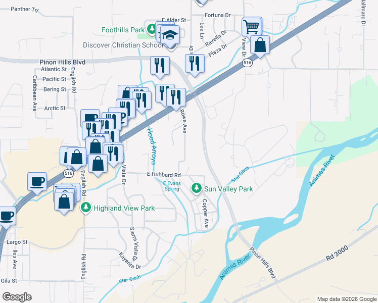 map of restaurants, bars, coffee shops, grocery stores, and more near 4302 Rowe Avenue in Farmington