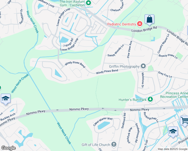 map of restaurants, bars, coffee shops, grocery stores, and more near 2484 Windy Pines Bend in Virginia Beach