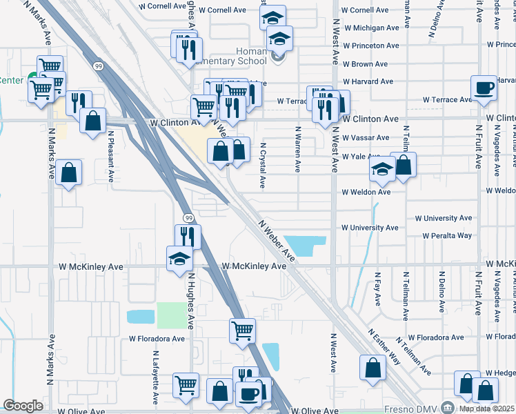 map of restaurants, bars, coffee shops, grocery stores, and more near 1731 West Weldon Avenue in Fresno