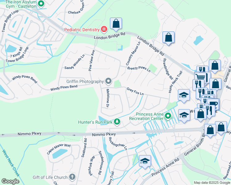 map of restaurants, bars, coffee shops, grocery stores, and more near 2412 Piney Bark Drive in Virginia Beach